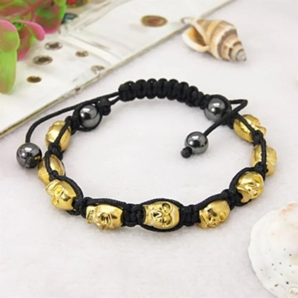Adjustable Gold Skulls Gunmetal Hematite Beads Black Macrame Shamballa Bracelet